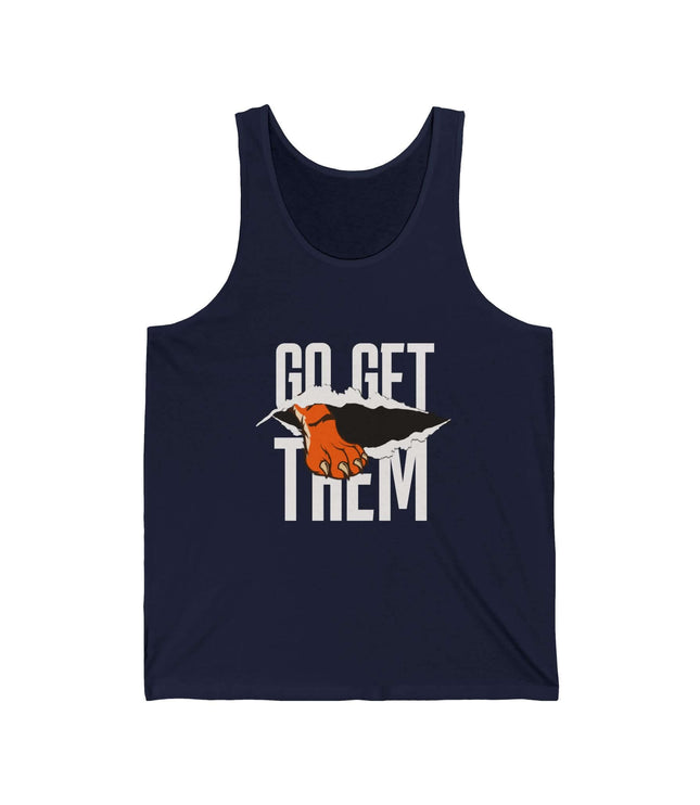 Go Get Them Jersey Tank in navy, perfect for gym and fitness activities with a bold graphic design.