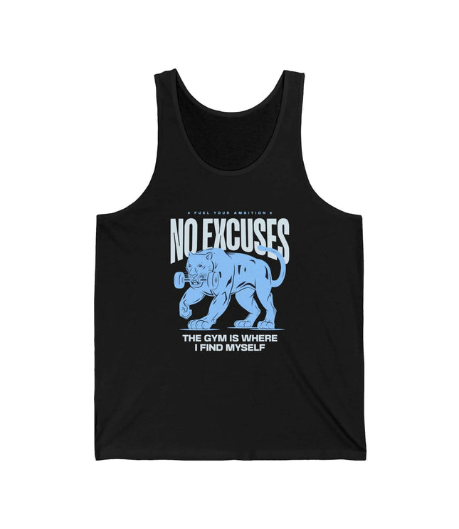 No Excuses jersey tank top for gym and fitness, unisex fit, featuring motivational lion graphic on black.