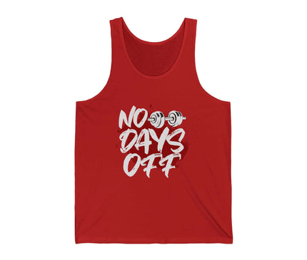 No Days Off Jersey Tank in red, ideal for gym lovers, made from soft, lightweight cotton for comfort during workouts.