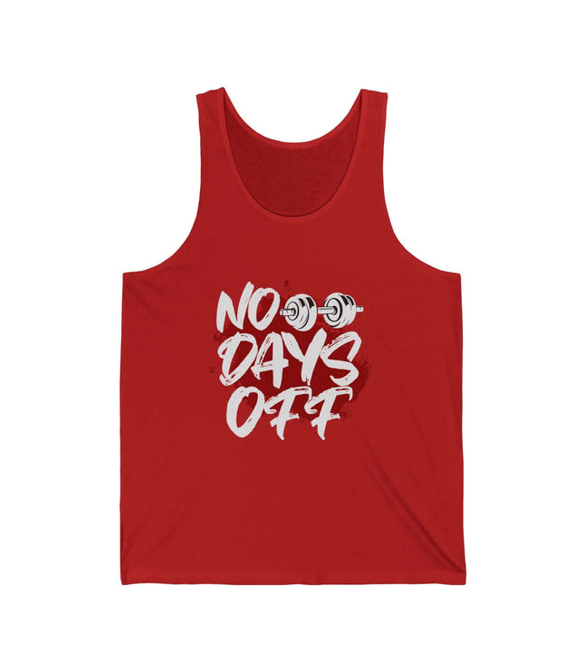 No Days Off Jersey Tank in red, ideal for gym lovers, made from soft, lightweight cotton for comfort during workouts.