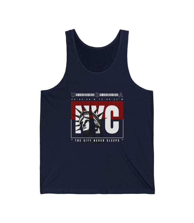 NYC jersey tank top featuring Statue of Liberty graphic, unisex design, perfect for casual wear.