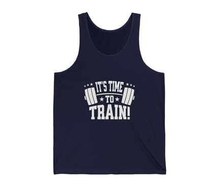 Navy unisex jersey tank top with "It's Time To Train!" graphic, perfect for gym and fitness activities.