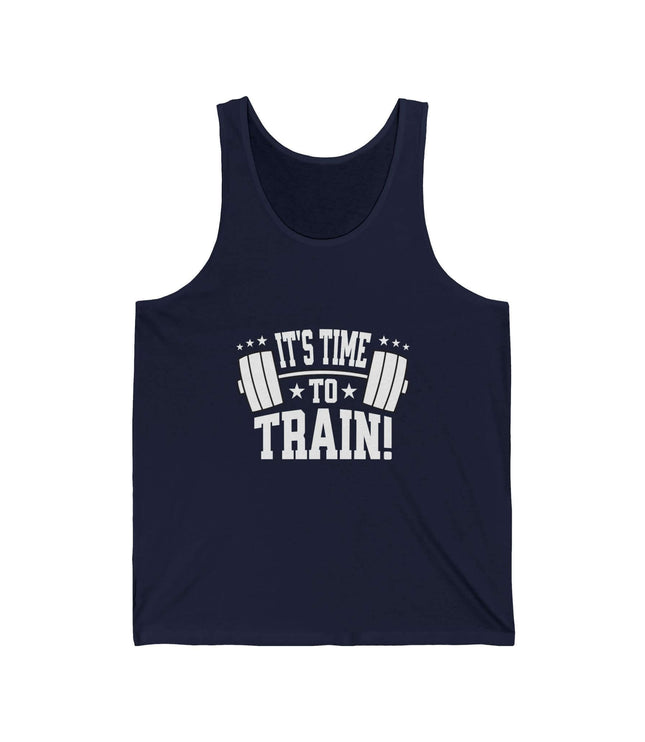 Navy unisex jersey tank top with "It's Time To Train!" graphic, perfect for gym and fitness activities.
