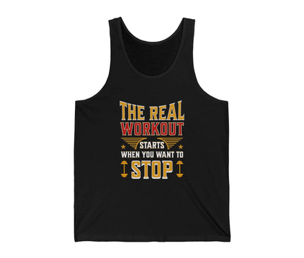 The Real Workout jersey tank top in black with motivational text for fitness enthusiasts.