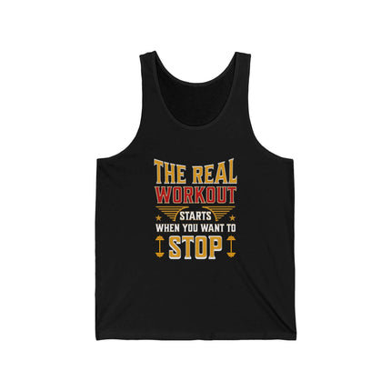 The Real Workout jersey tank top in black with motivational text for fitness enthusiasts.