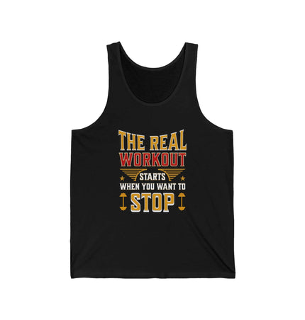 The Real Workout jersey tank top in black with motivational text for fitness enthusiasts.