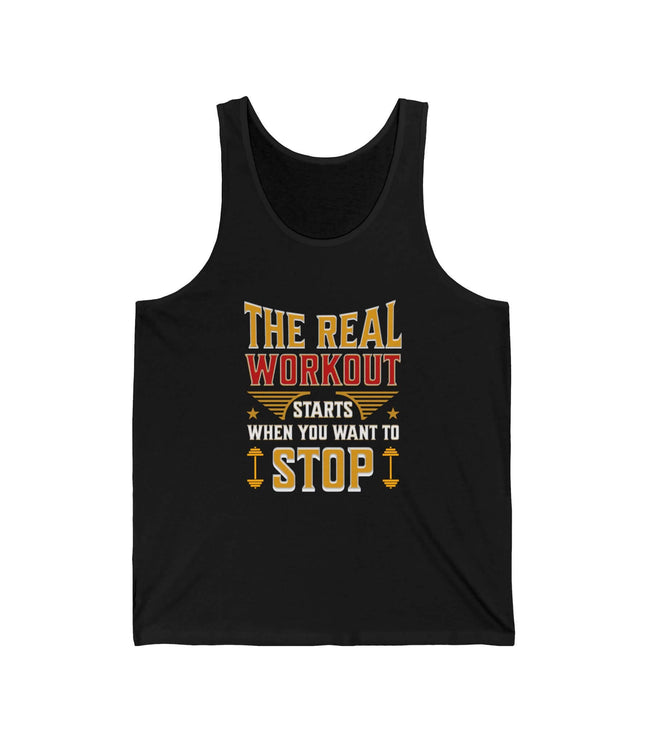 The Real Workout jersey tank top in black with motivational text for fitness enthusiasts.