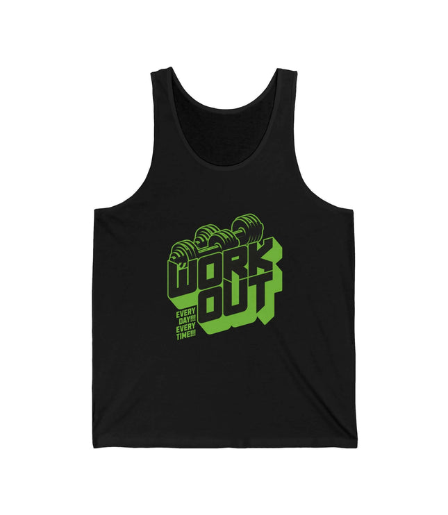 Black workout jersey tank top with green 'WORK OUT' graphic, perfect for gym and activewear enthusiasts.