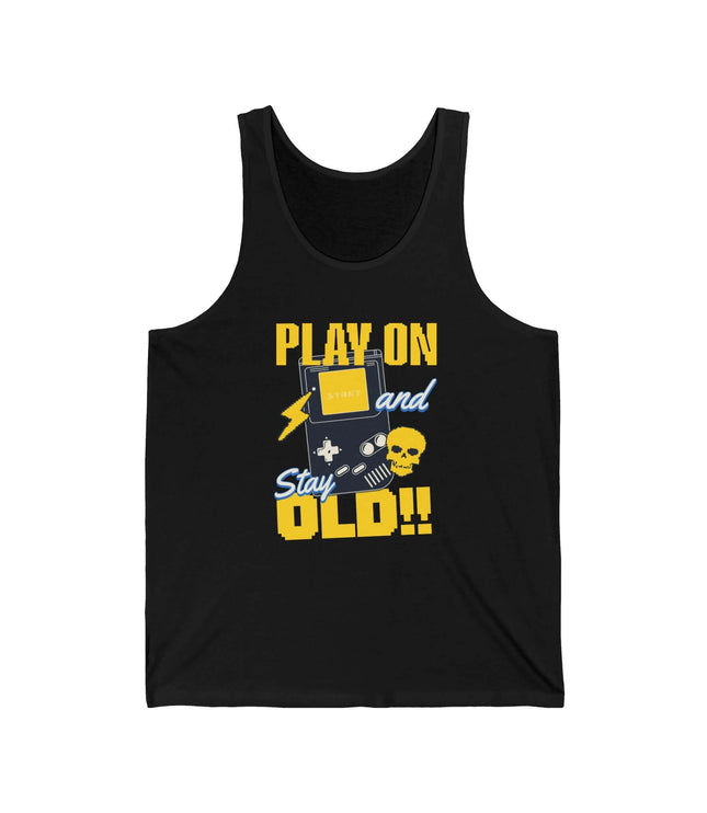 Black Play On jersey tank top with graphic design featuring skull and gaming controller, perfect for casual wear.