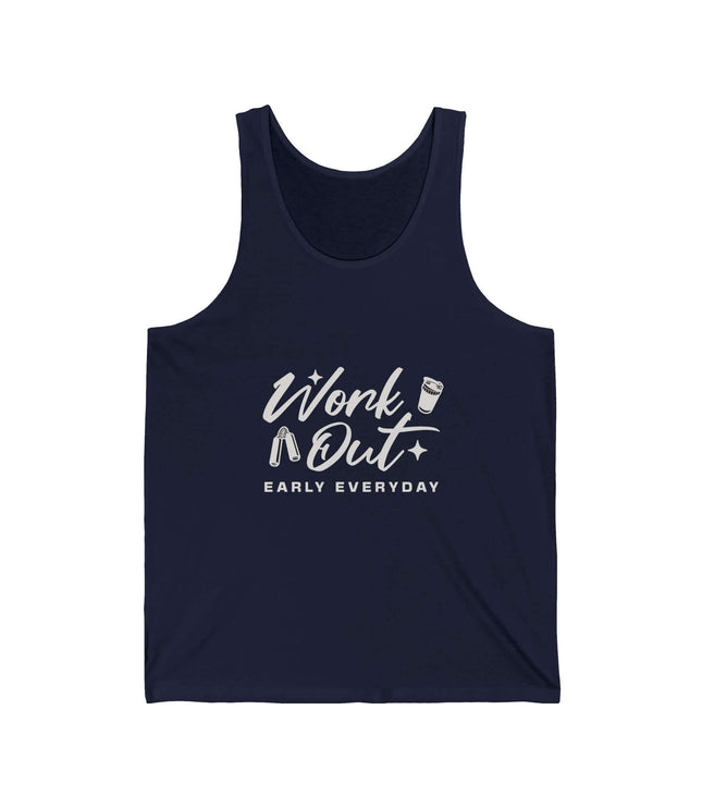 Navy workout jersey tank top featuring 'Work Out Early Everyday' graphic, made from soft, lightweight cotton.