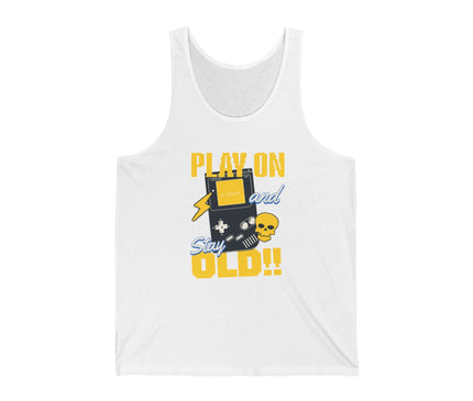 White Play On jersey tank top with graphic design featuring skull and gaming controller, perfect for casual wear.