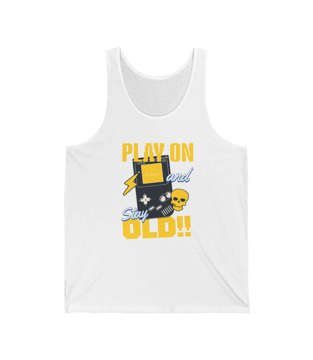 White Play On jersey tank top with graphic design featuring skull and gaming controller, perfect for casual wear.