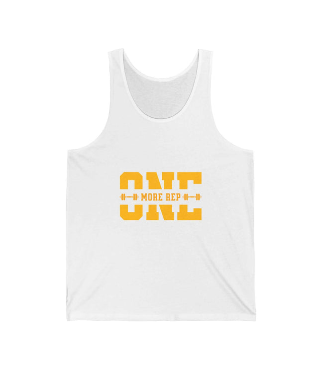 White gym tank top with bold yellow text "ONE MORE REP" designed for fitness enthusiasts.