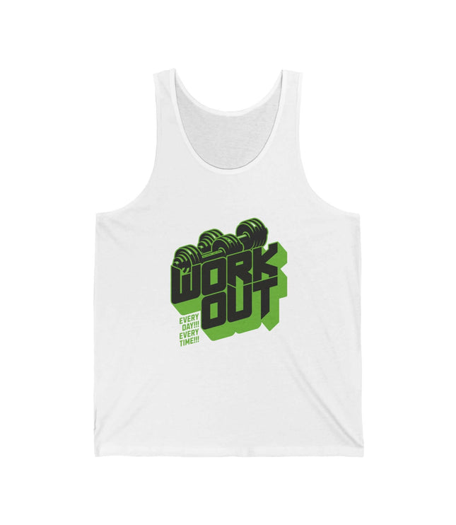 White workout jersey tank top featuring bold 'WORK OUT' graphic, perfect for gym and fitness activities.