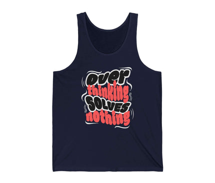 Over Thinking Solves Nothing jersey tank top in navy, featuring a bold quote design, perfect for casual wear.