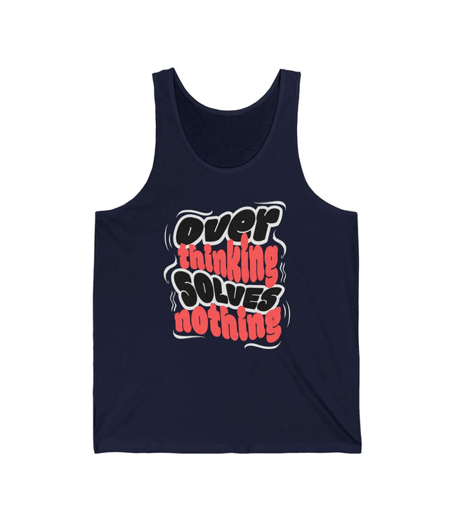 Over Thinking Solves Nothing jersey tank top in navy, featuring a bold quote design, perfect for casual wear.