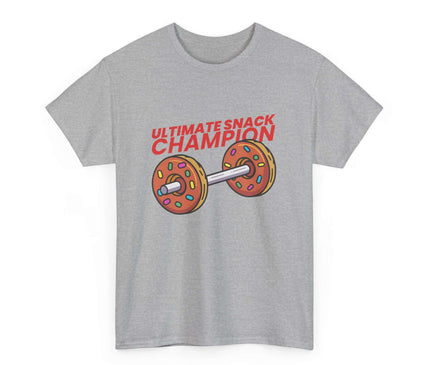 Gray t-shirt with 'Ultimate Snack Champion' graphic on a white background