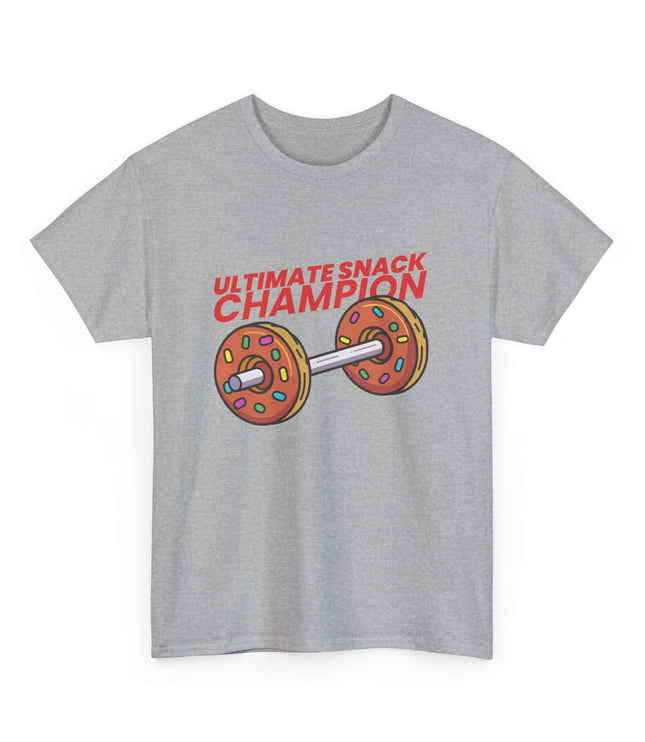 Gray t-shirt with 'Ultimate Snack Champion' graphic on a white background