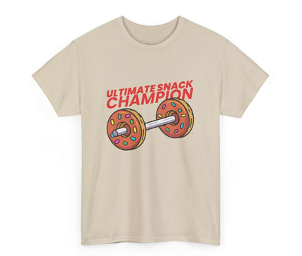 Beige t-shirt with 'Ultimate Snack Champion' graphic on a white background