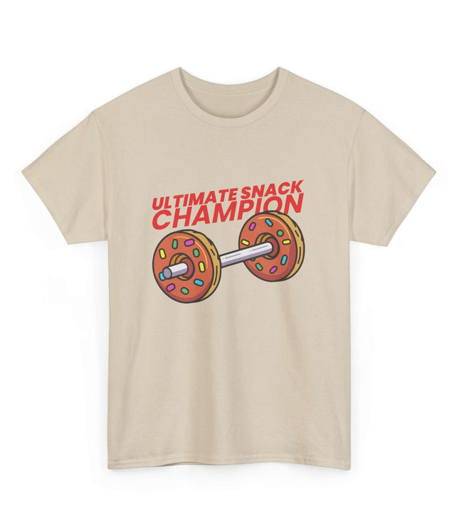 Beige t-shirt with 'Ultimate Snack Champion' graphic on a white background