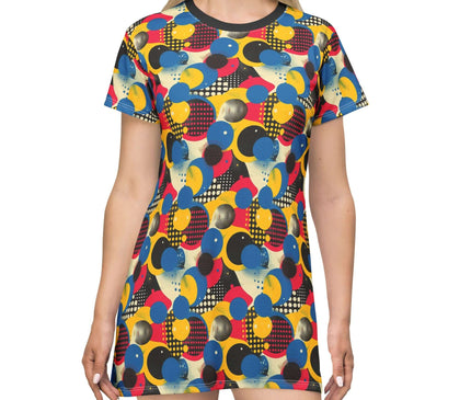 Retro pop art bubble women's tee dress featuring vibrant colors and playful patterns, ideal for casual wear.