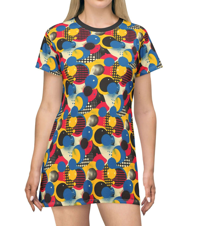 Retro pop art bubble women's tee dress featuring vibrant colors and playful patterns, ideal for casual wear.