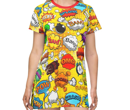 Model wearing Rocket Boom Women's Tee Dress with vibrant pop art design and retro comic-style prints in yellow.