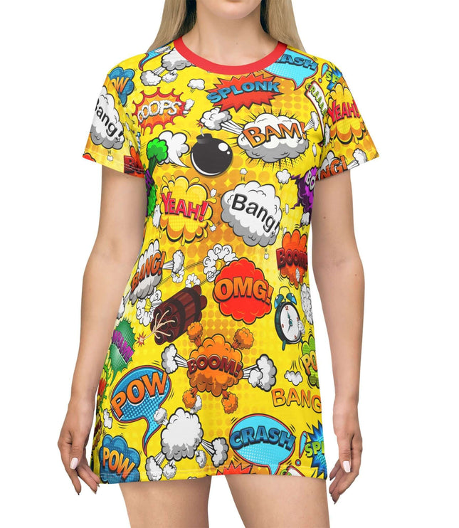 Model wearing Rocket Boom Women's Tee Dress with vibrant pop art design and retro comic-style prints in yellow.