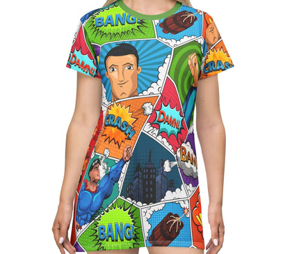 Colorful graphic t-shirt dress with comic book-style design on a white background
