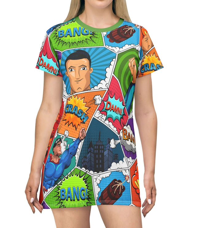 Colorful graphic t-shirt dress with comic book-style design on a white background