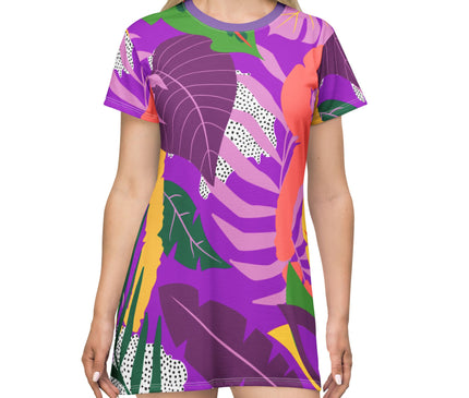 Tropical Leaves (Purple) Women's Tee Dress