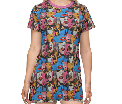 Colorful Pop Art Woman Faces Women's Tee Dress