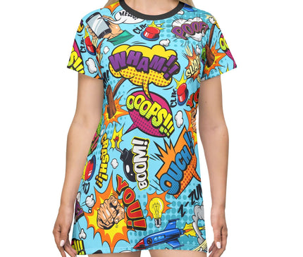Colorful t-shirt dress with comic book-style graphics on a white background