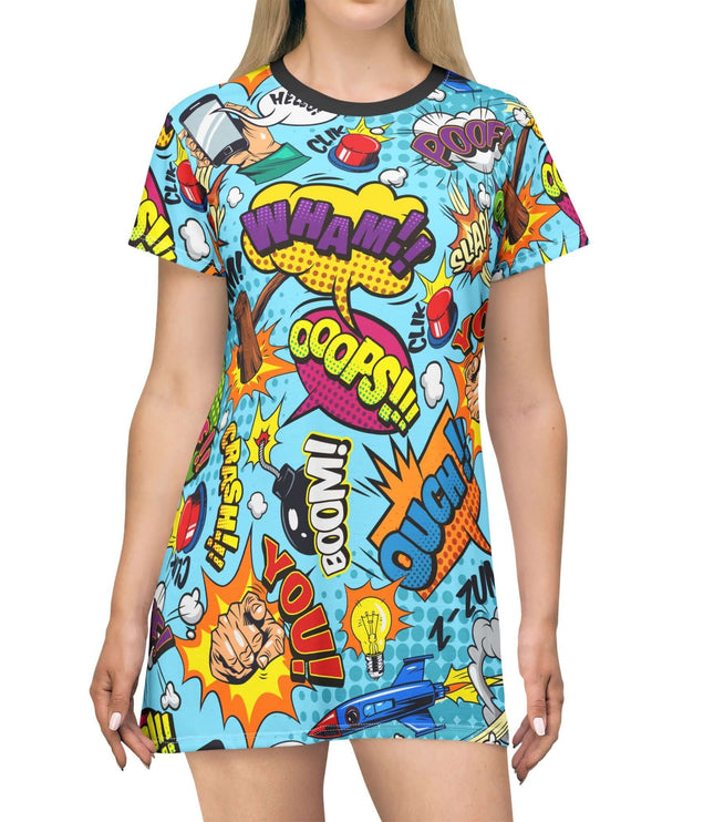 Colorful t-shirt dress with comic book-style graphics on a white background