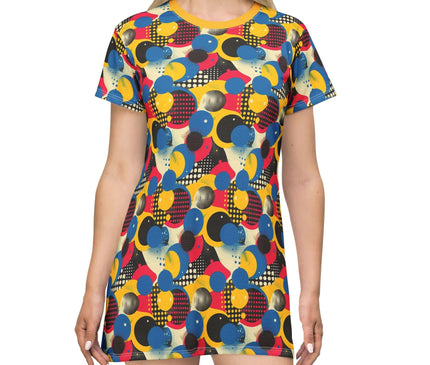 Retro pop art bubble women's tee dress with colorful patterns and light fabric, perfect for casual wear.