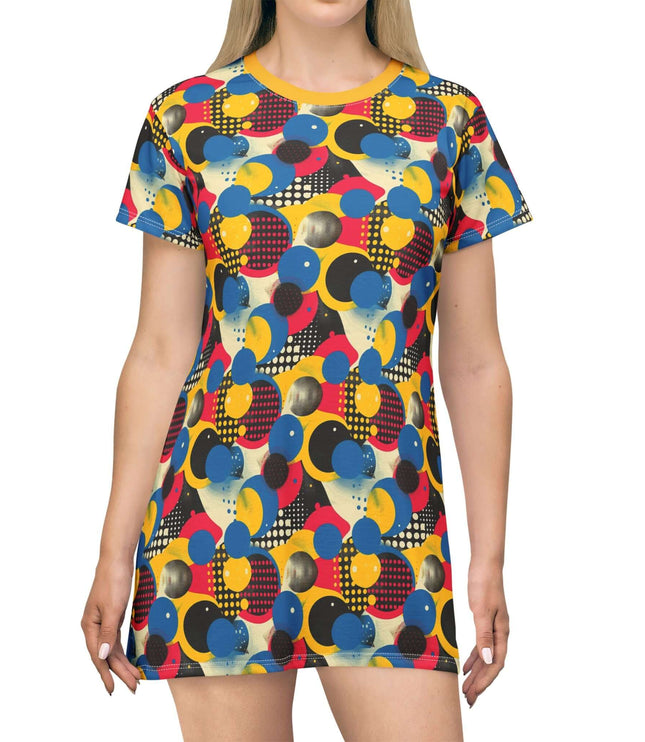 Retro pop art bubble women's tee dress with colorful patterns and light fabric, perfect for casual wear.