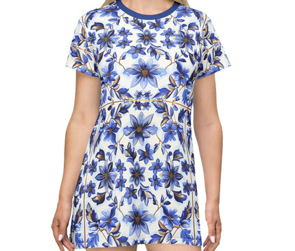 Blue Floral Print Women's Tee Dress