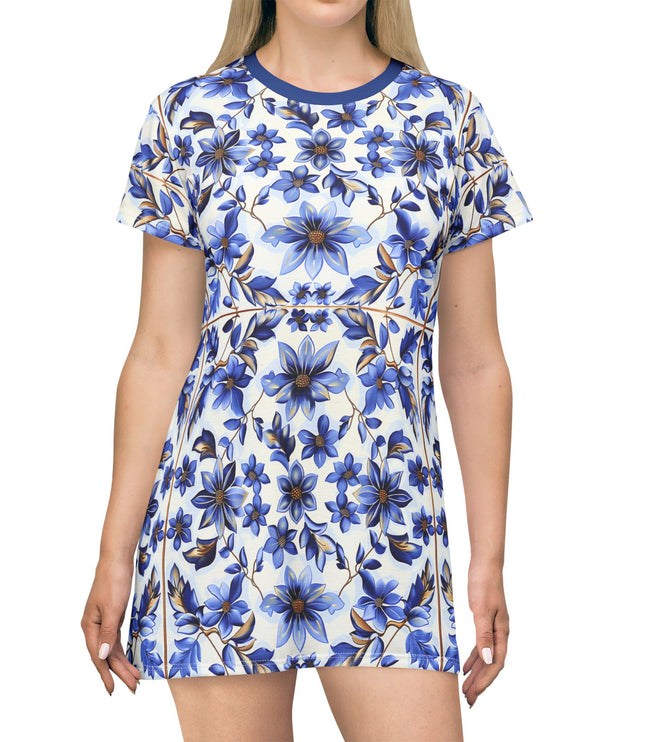 Blue Floral Print Women's Tee Dress