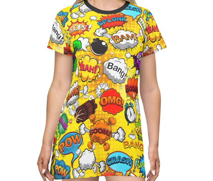 Rocket Boom Women's Tee Dress in bright yellow with popart comic book graphics, perfect for a retro style.