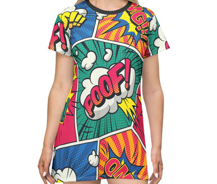 Colorful comic-style dress with 'POOF!' text on a white background