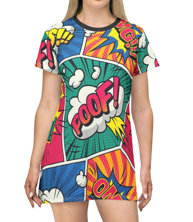Colorful comic-style dress with 'POOF!' text on a white background