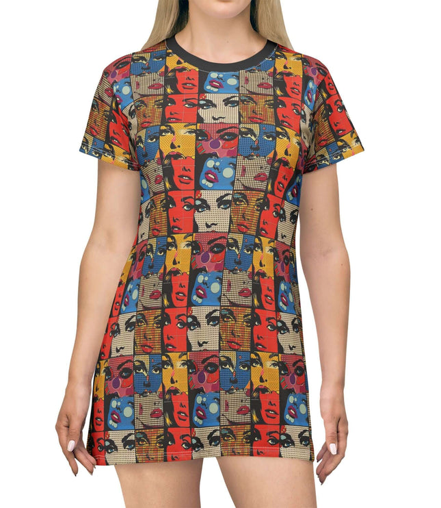Mixed Pop Art Woman Faces Print Women's Tee Dress
