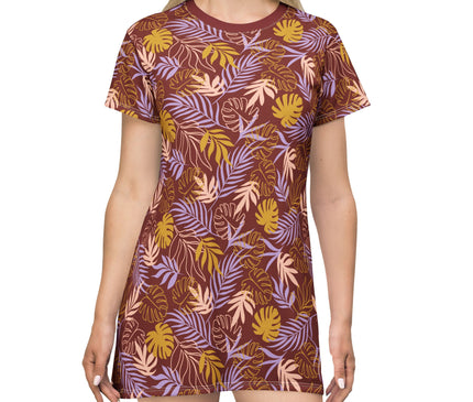 Maroon Tropical Leaf Print Women's Tee Dress
