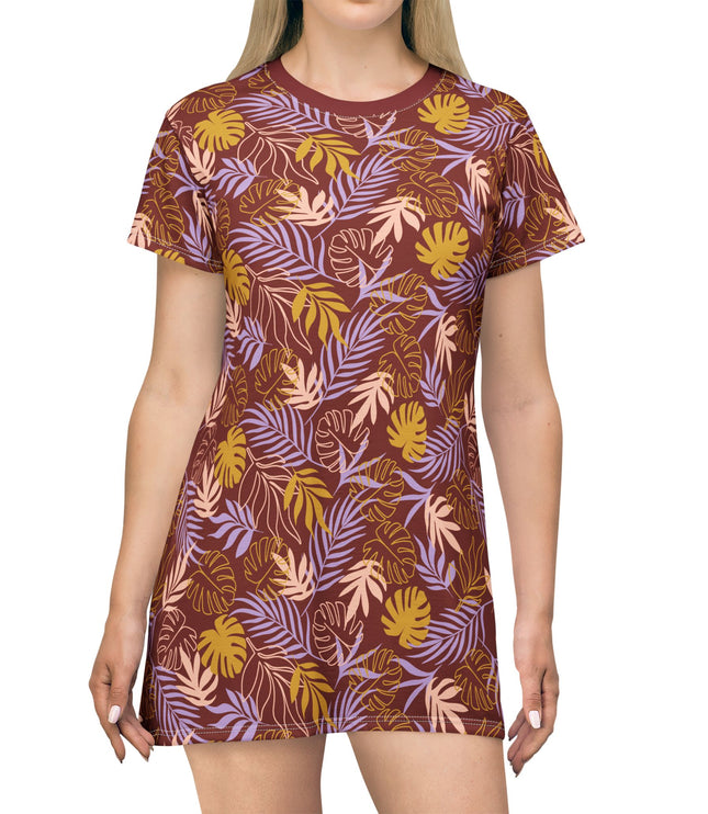 Maroon Tropical Leaf Print Women's Tee Dress