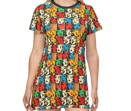 Retro pop art faces grid women's tee dress, colorful design in a light fabric, perfect for casual wear.
