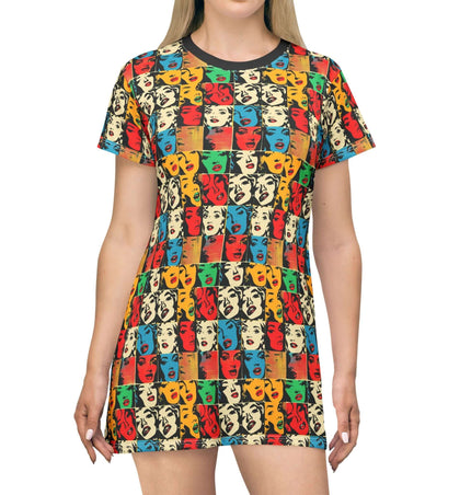 Retro pop art faces grid women's tee dress, colorful design in a light fabric, perfect for casual wear.