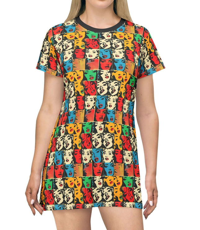 Retro pop art faces grid women's tee dress, colorful design in a light fabric, perfect for casual wear.