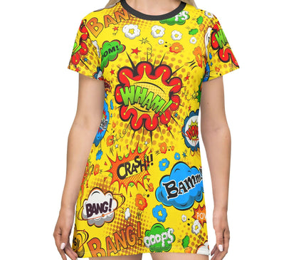 Wham Boom women's tee dress with colorful comic print, featuring words like 'WHAM!', 'BANG!', and 'CRASH!' on yellow background.