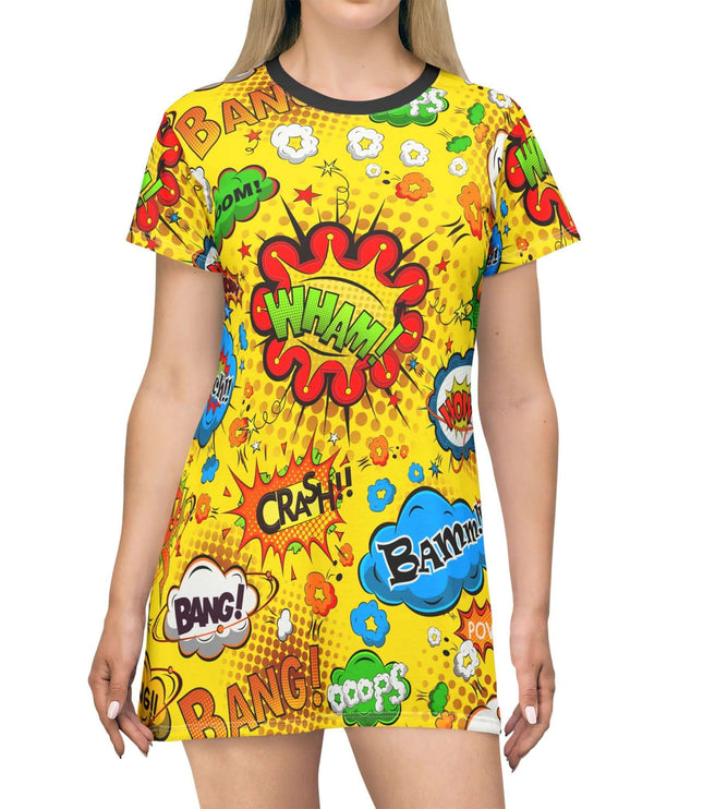 Wham Boom women's tee dress with colorful comic print, featuring words like 'WHAM!', 'BANG!', and 'CRASH!' on yellow background.