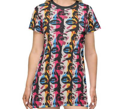 Vibrant abstract pop art face women's tee dress in bold colors with rollercoaster patterns, perfect for retro style lovers.